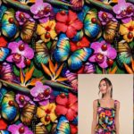 Värvikas liblikate ja lillede muster kangadisainil