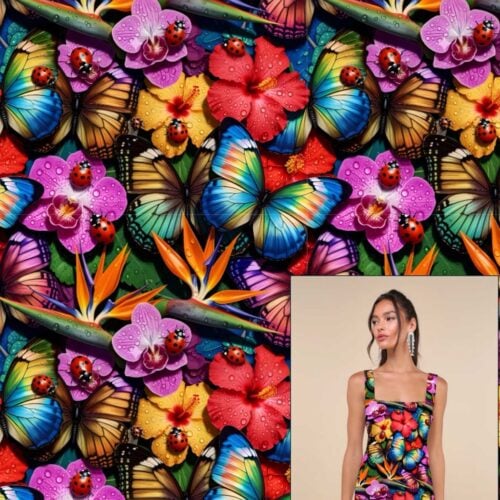 Värvikas liblikate ja lillede muster kangadisainil