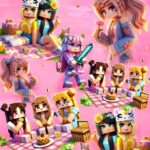 Minecrafti stiilis tüdrukud piknikul roosal taustal