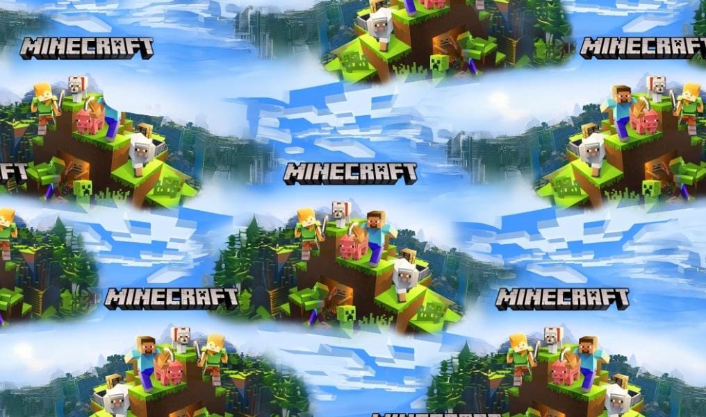 Minecrafti tegelased plokkmaailma maastikul