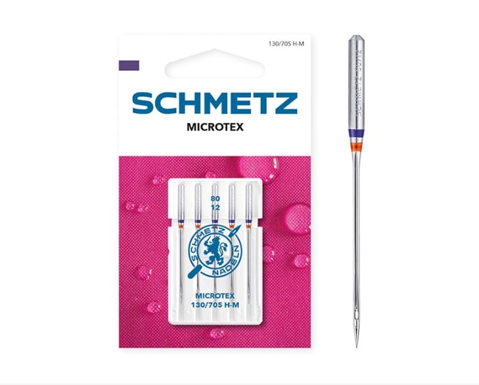 Schmetz Microtex õmblusmasina nõelte pakend ja nõel