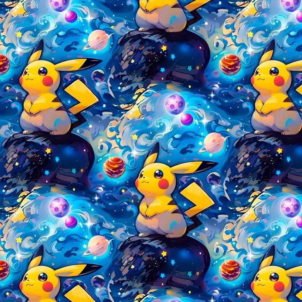 Pikachu kosmilises mustris planeetide ja tähtedega