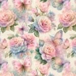 Pastelsed roosid ja liblikad akvarellstiilis mustril