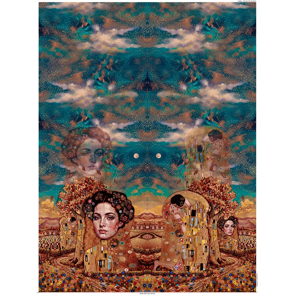 Klimti stiilis sürrealistlik kuldsete figuuridega maastik